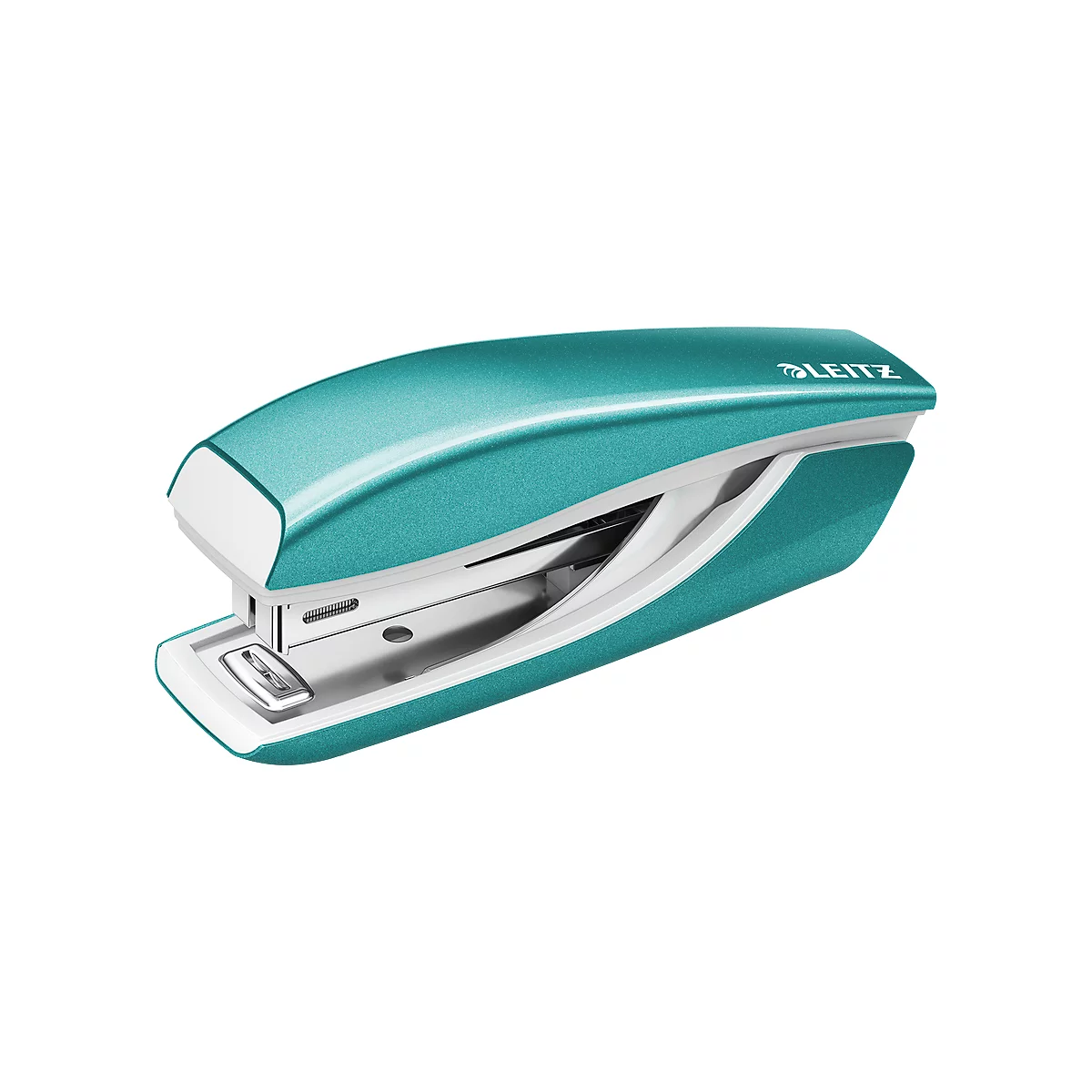 Teal stapler from Leitz, with white accents and a glossy finish.