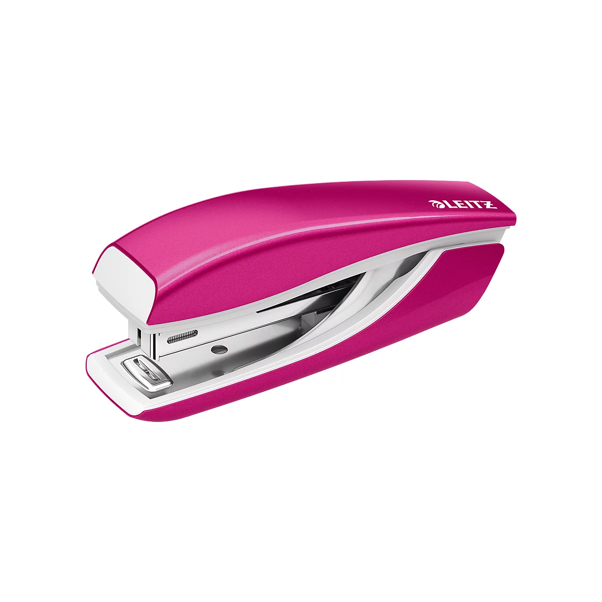 Pink stapler with white accents, Leitz logo visible.