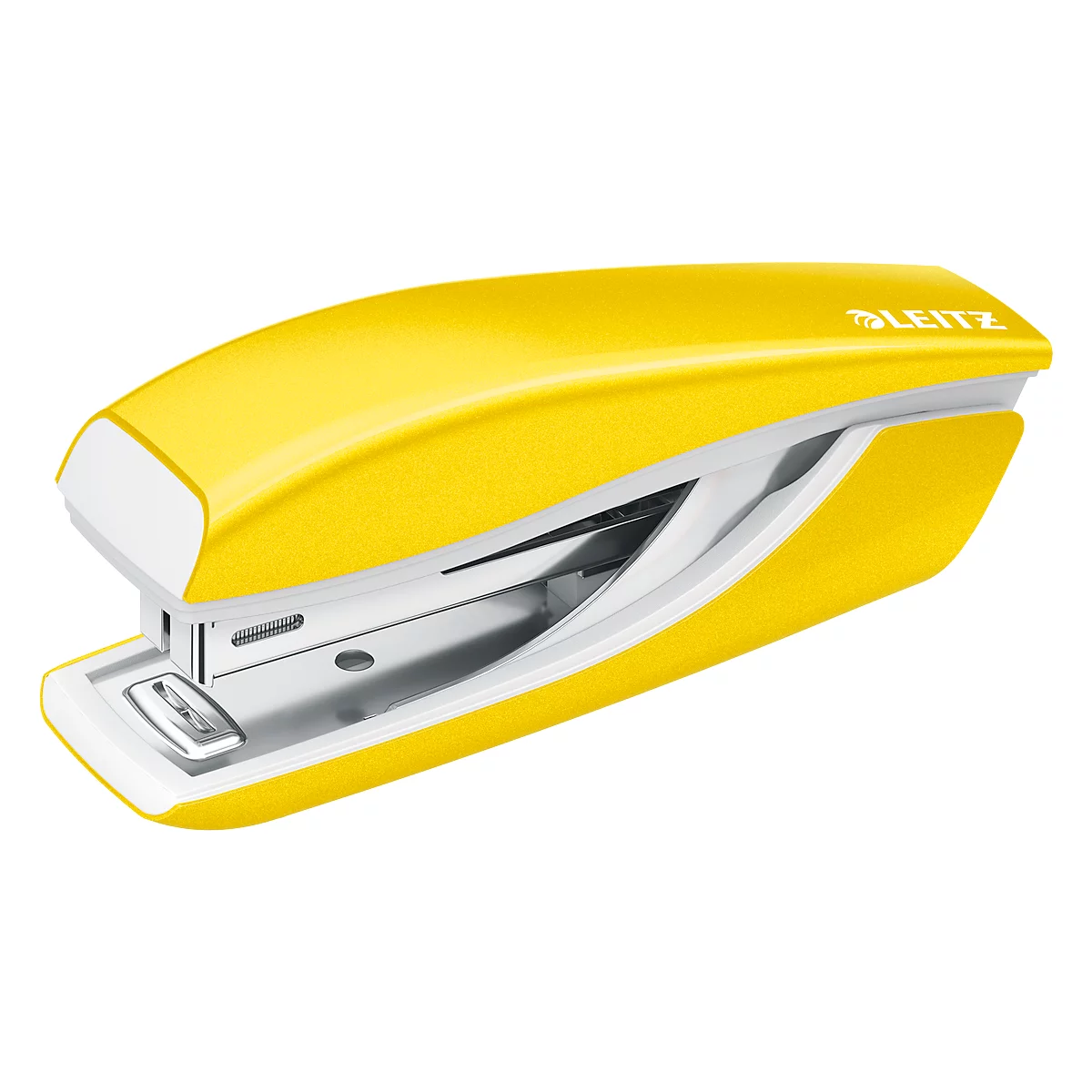 Yellow stapler with white accents; Leitz brand.