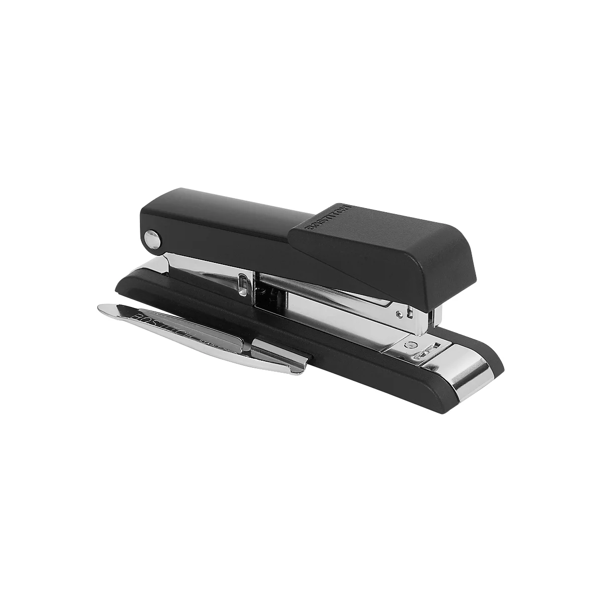 Black stapler, partially chrome-plated, with silver staples next to it.