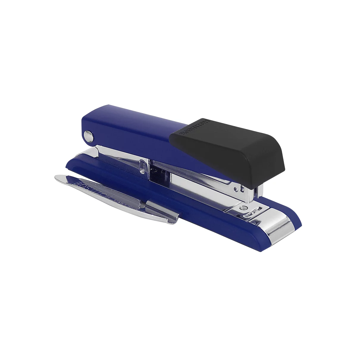 Blue stapler with black handle. Chrome details.