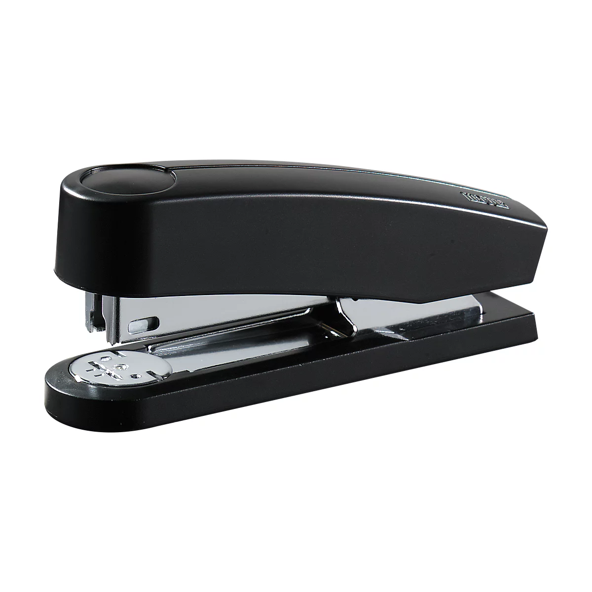 A black stapler with silver metal parts. Close-up.