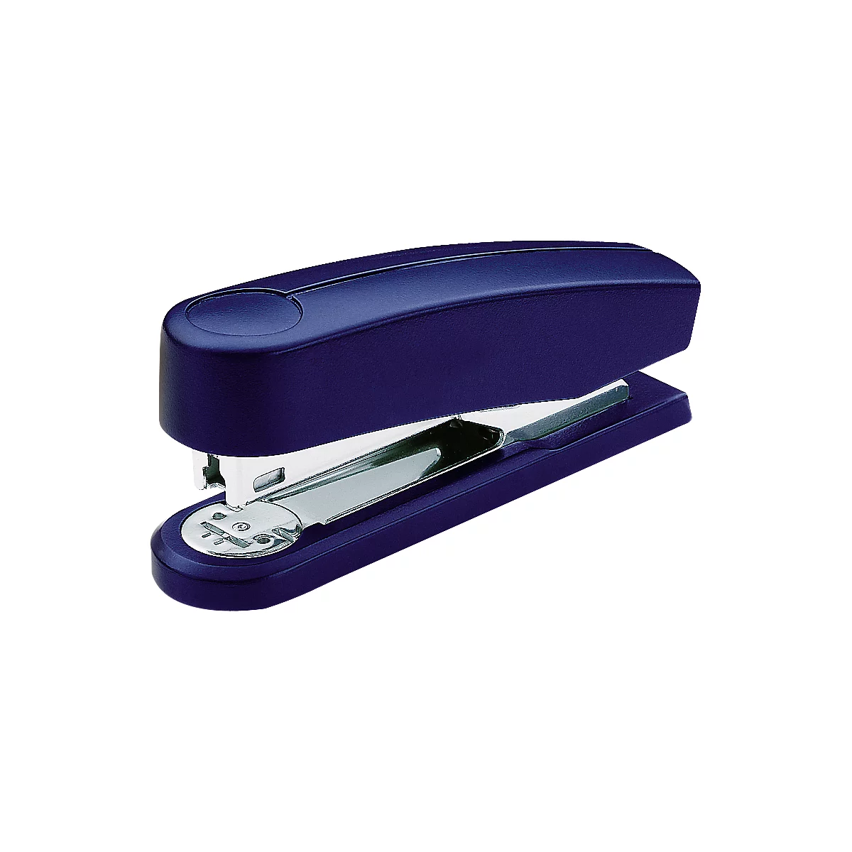 A dark blue stapler lies on a white background. It has a shiny metal part.