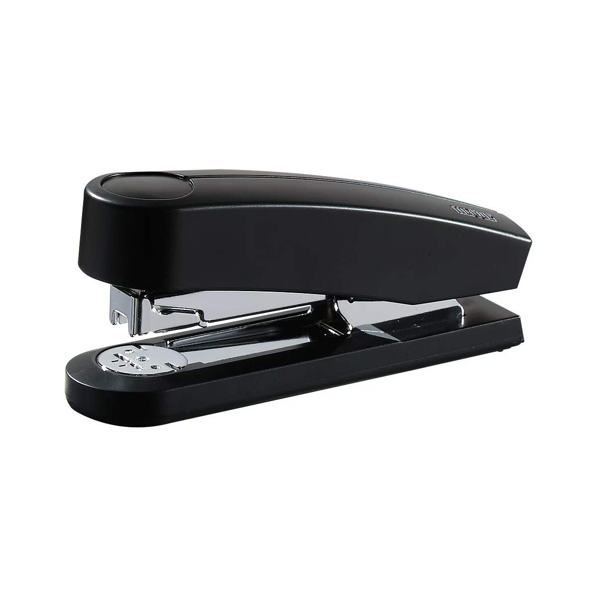 Black stapler, open. Silver levers, visible staples.