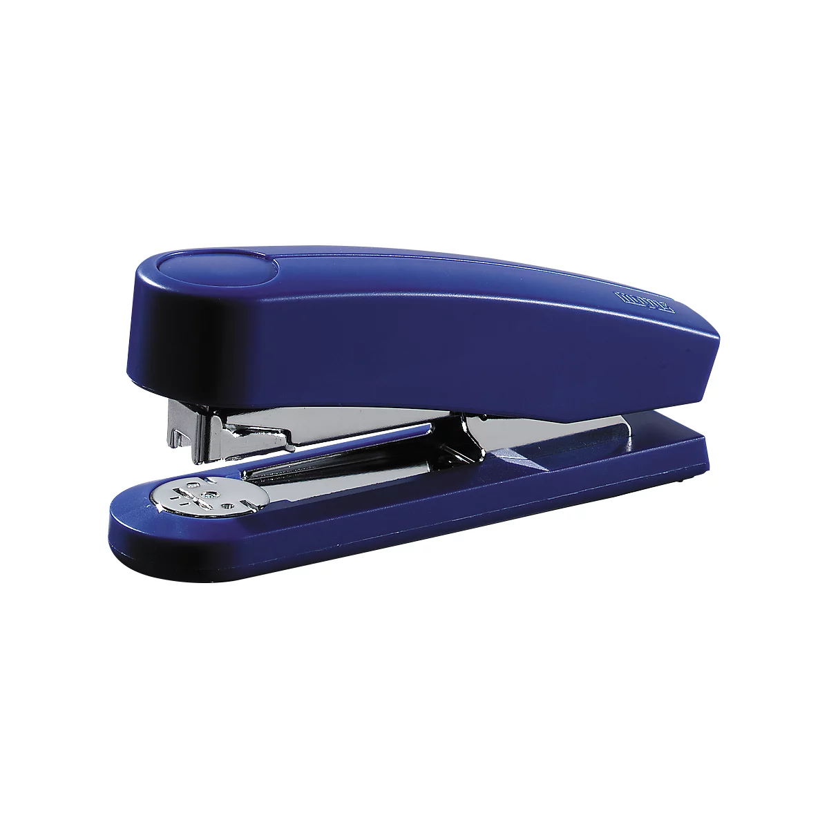 Detail of a blue stapler. Metal staples and mechanism.