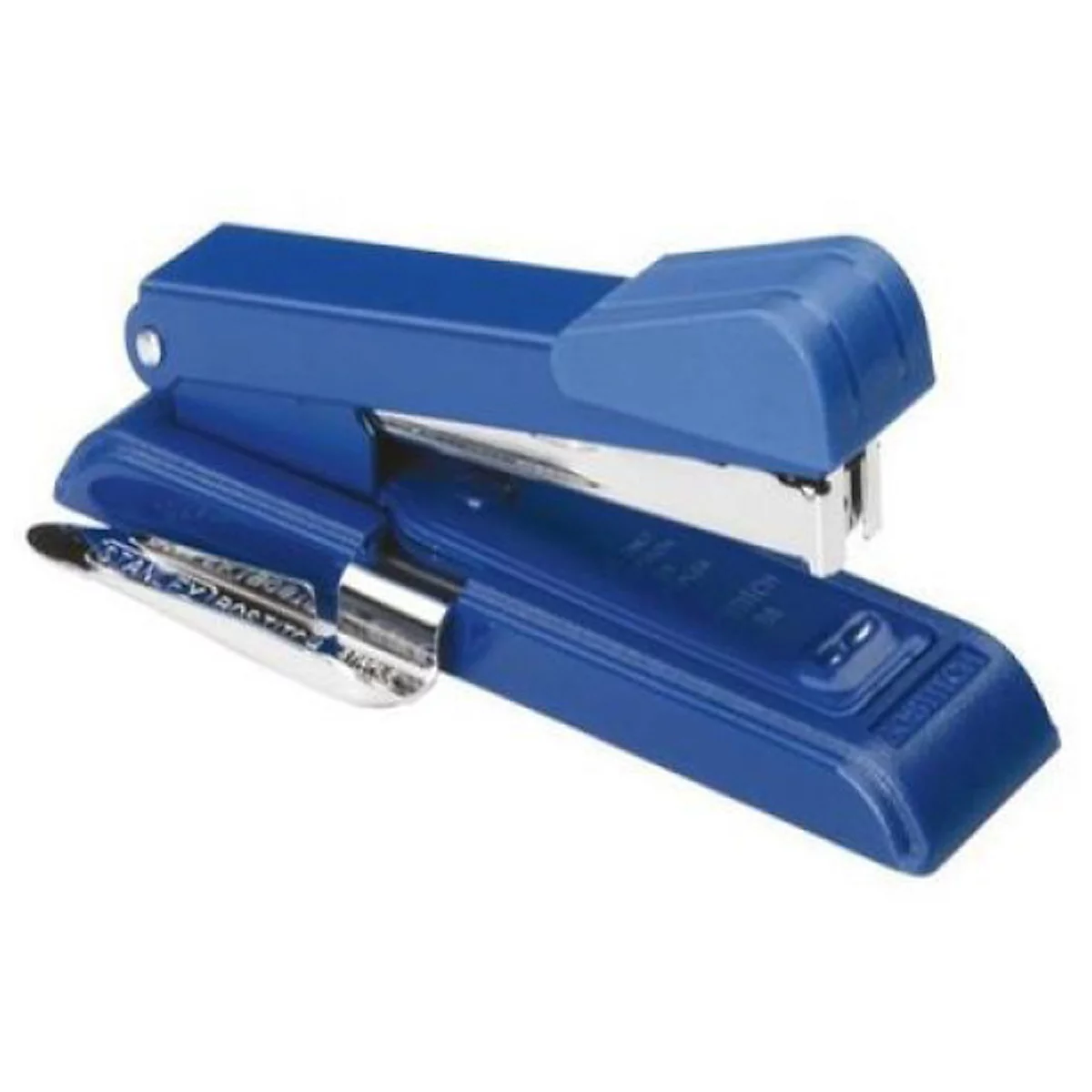 Blue stapler. The lever is flipped up, staples are visible.