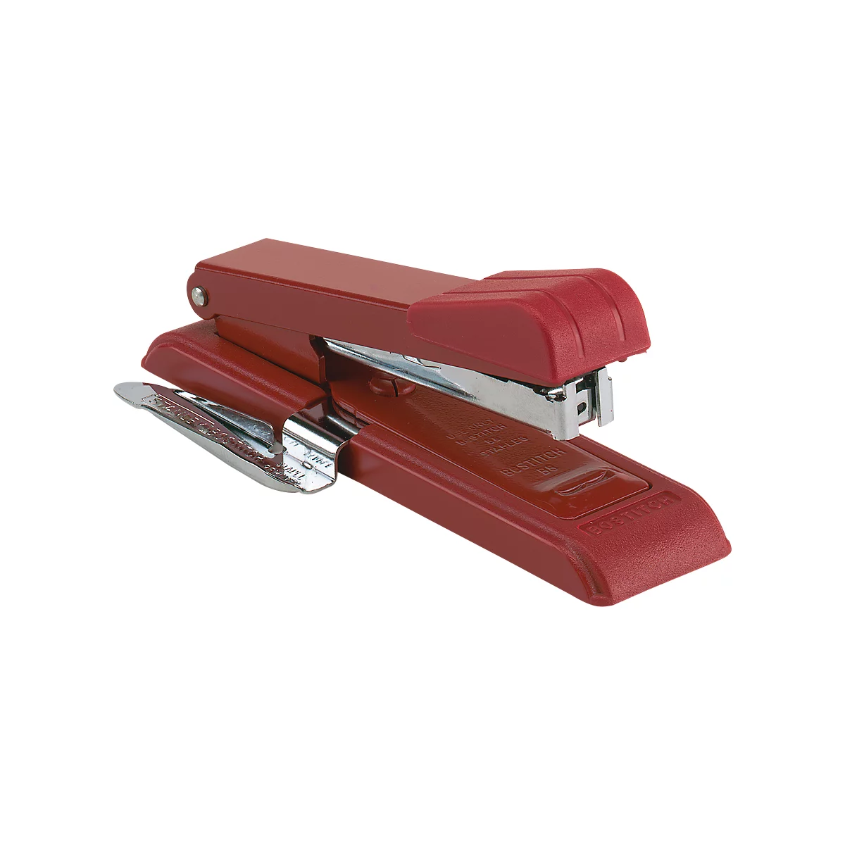Red stapler, close up with metallic silver details on white background.