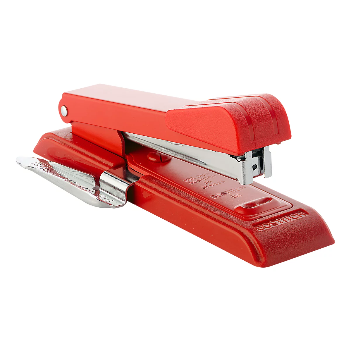 Red stapler on white background. Top view, lettering can be seen.