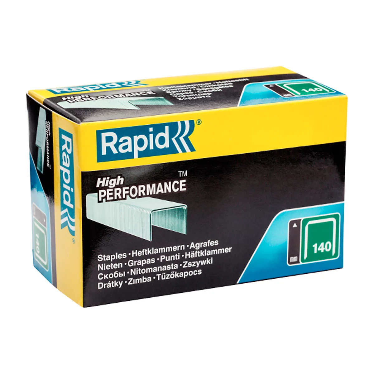 Box of staples, yellow and black, with the brand name 'Rapid' on it.