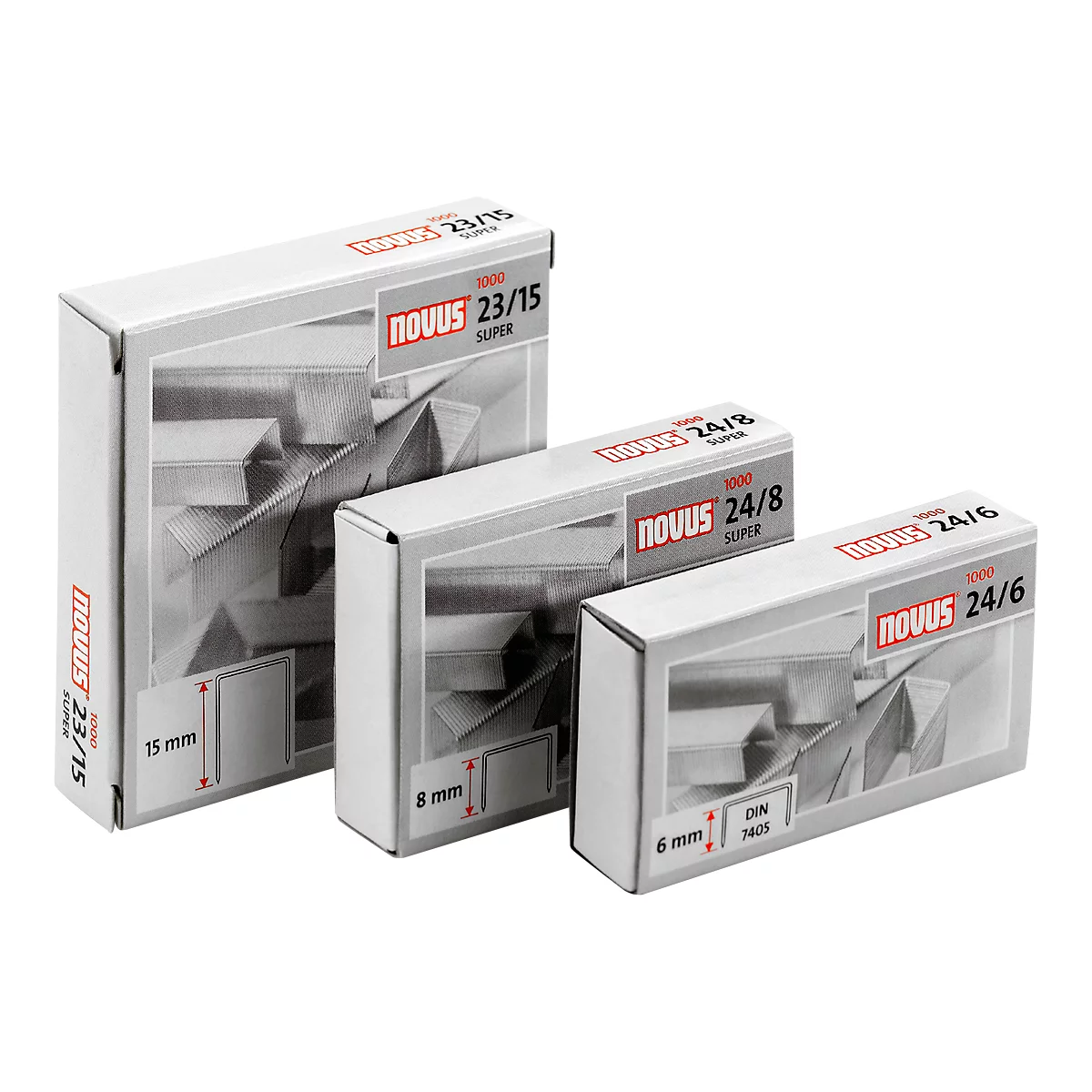 Three different boxes of staples, labeled Novus. The height of the staples is indicated.
