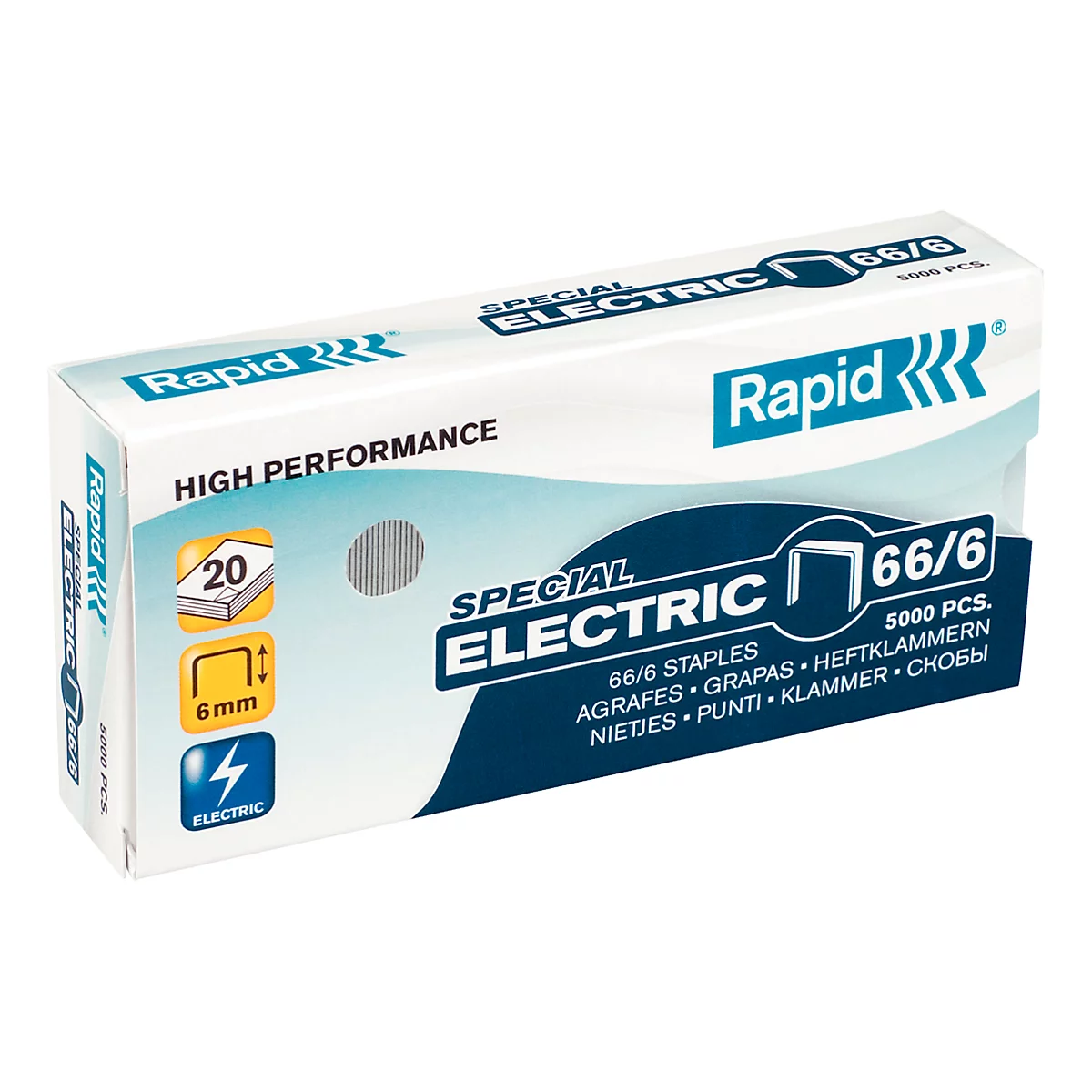 A box of staples, Rapid brand, with product labels and pictograms.