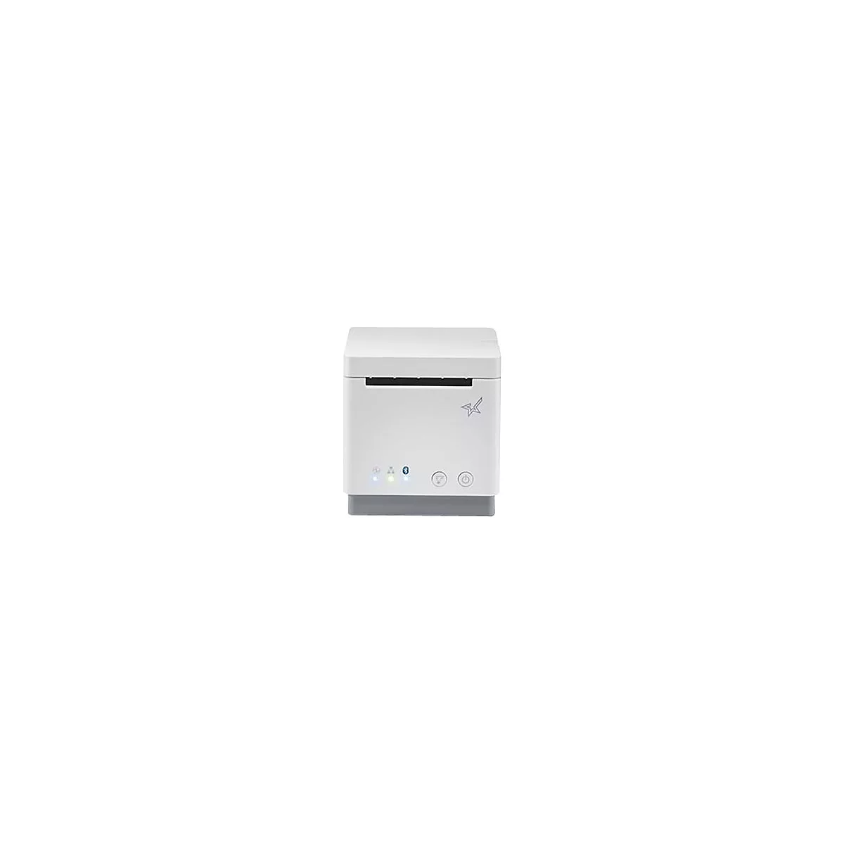 Ein weißer Thermodrucker mit blauen und grünen LED-Leuchten. Auf der rechten Seite befindet sich ein Sternlogo.