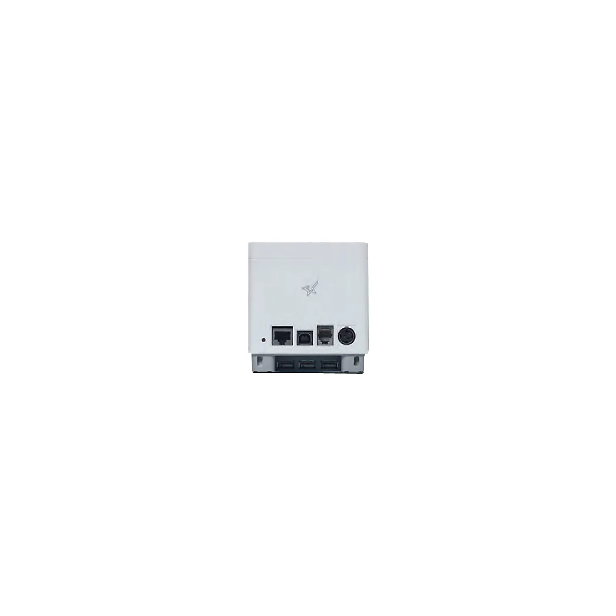 Rückansicht eines weißen, rechteckigen Geräts mit Anschlüssen für LAN, Strom und USB.