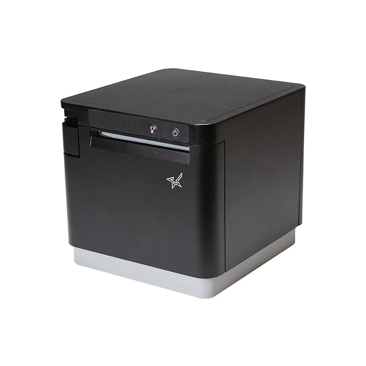 Schwarzer Würfeldrucker mit weißem Sockel. Oben Knöpfe und ein Logo. Ausgabeschlitz für Papier.