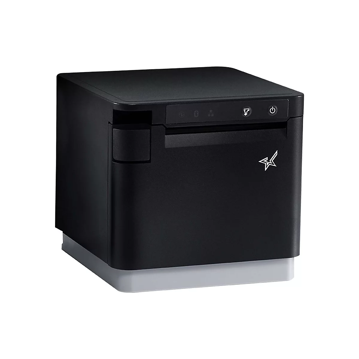 Schwarzer, quadratischer Thermodrucker auf hellem Sockel. Oben: Bedienfeld mit Symbolen. Rechts: Power-Knopf und Logo.