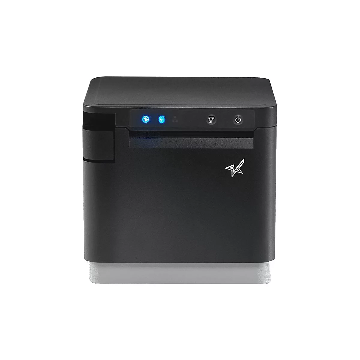 Imprimante noire avec lumières bleues et logo de l'entreprise.