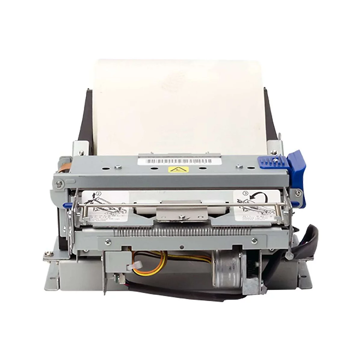 Nahaufnahme eines Kassenbondruckers mit Papierausgabe. Grau, blau und schwarze Details.