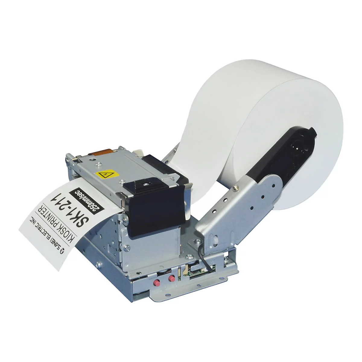 Gros plan d'une imprimante de kiosque avec un rouleau de papier. Le texte sur le papier indique "SK1-211", "KIOSK PRINTER" et "Sanei Electric Inc."