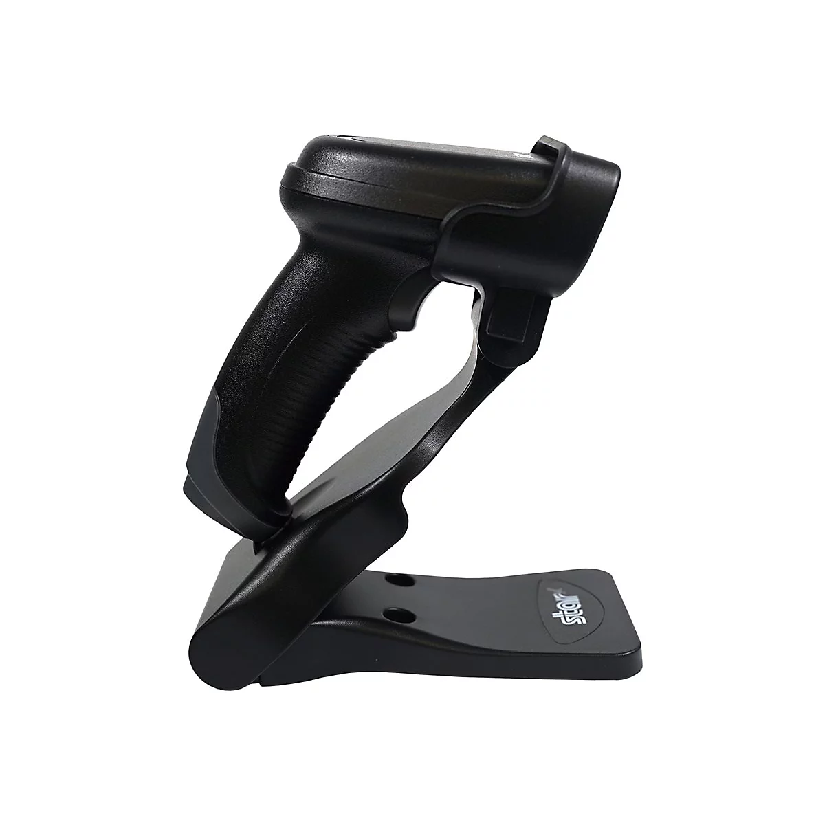 Schwarzer Barcode-Scanner mit Halterung. Der Griff weist Rillen auf, die Halterung hat die Aufschrift "star".