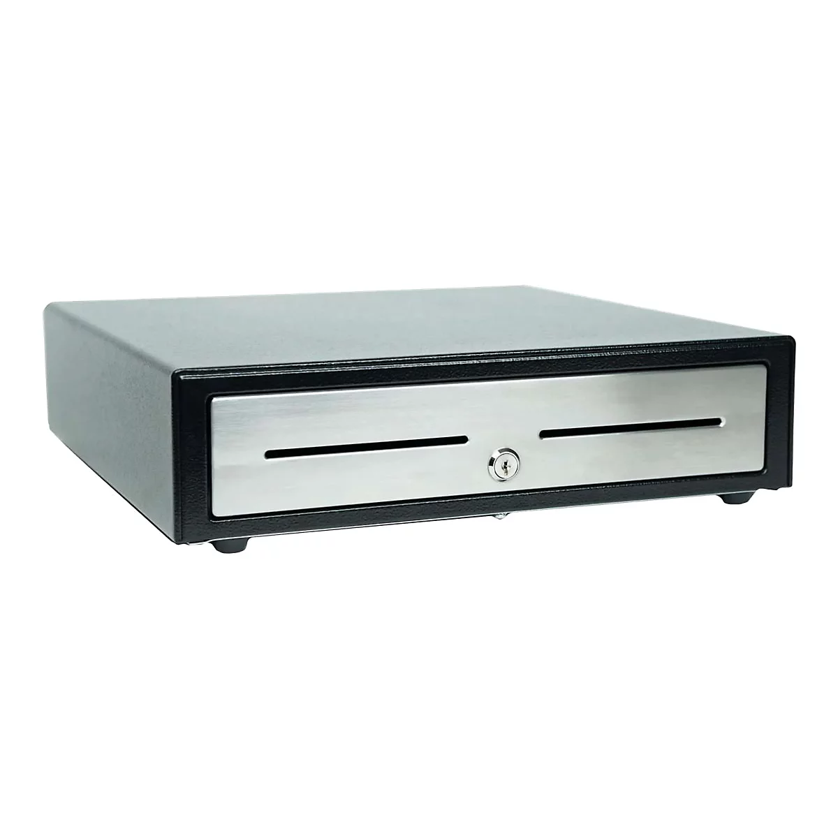 Schwarze Kasse mit silberner Schublade und Schlüsselloch.