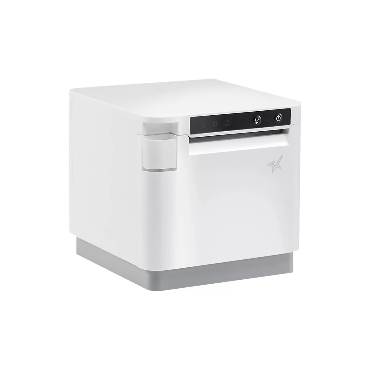 Weißer Thermodrucker, grauer Sockel, Stern Logo. Bedienfeld mit zwei Knöpfen, Bluetooth Symbol und Power Button.