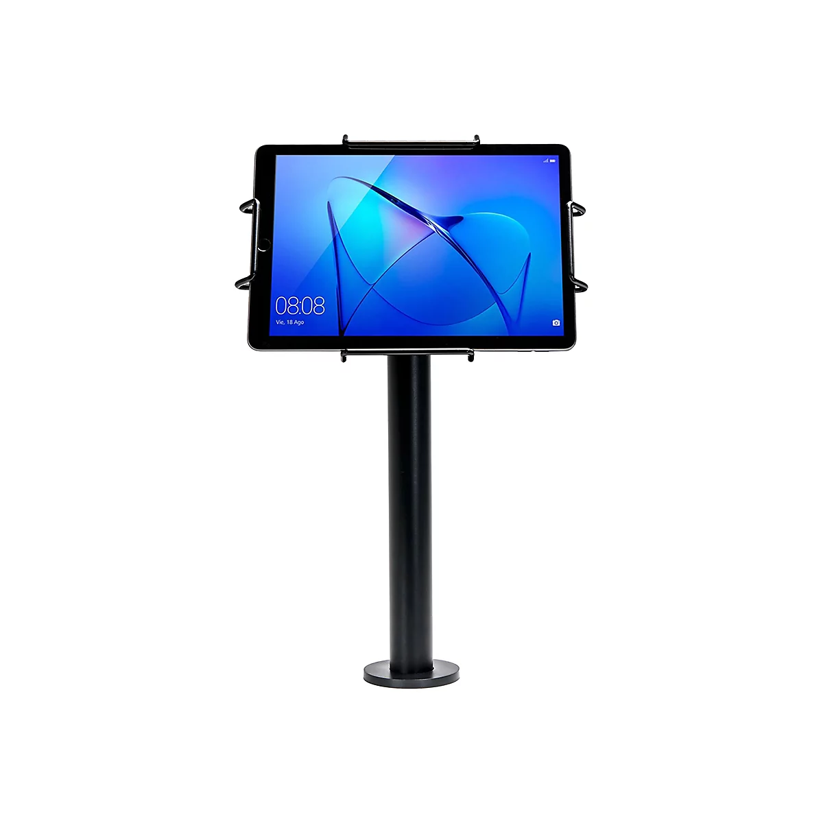 Ein schwarzer Tablet-Ständer mit einem Tablet. Auf dem Bildschirm: 08:08. Das Tablet ist an einem schwarzen Ständer befestigt.