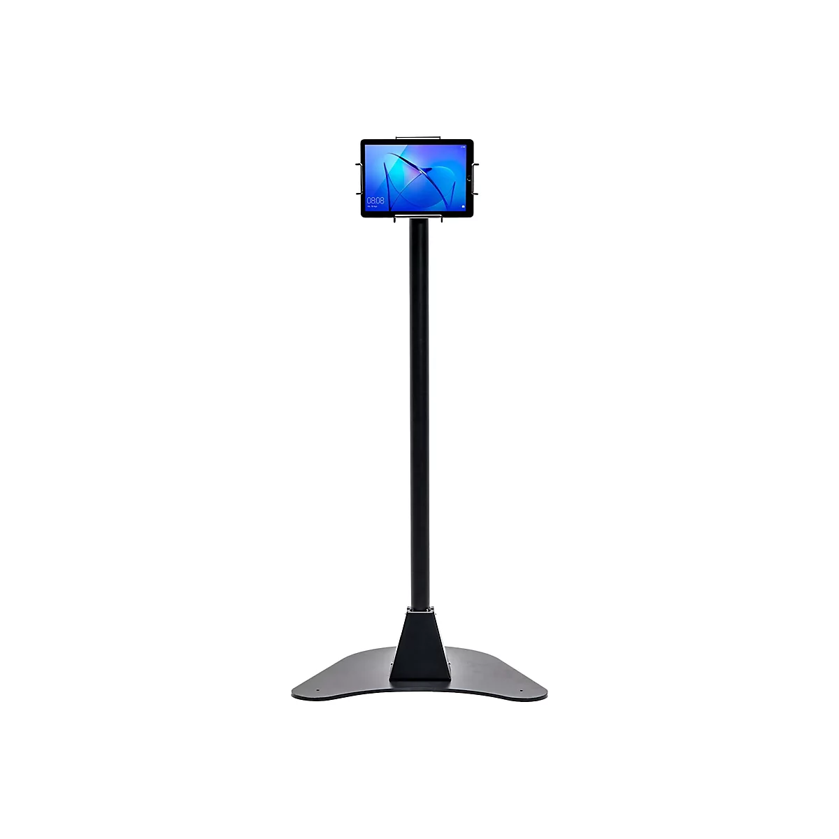 Ein schwarzer Tablet-Ständer mit einem Tablet vor weißem Hintergrund. Das Tablet zeigt einen blauen Bildschirm mit der Uhrzeit 08:08 an.