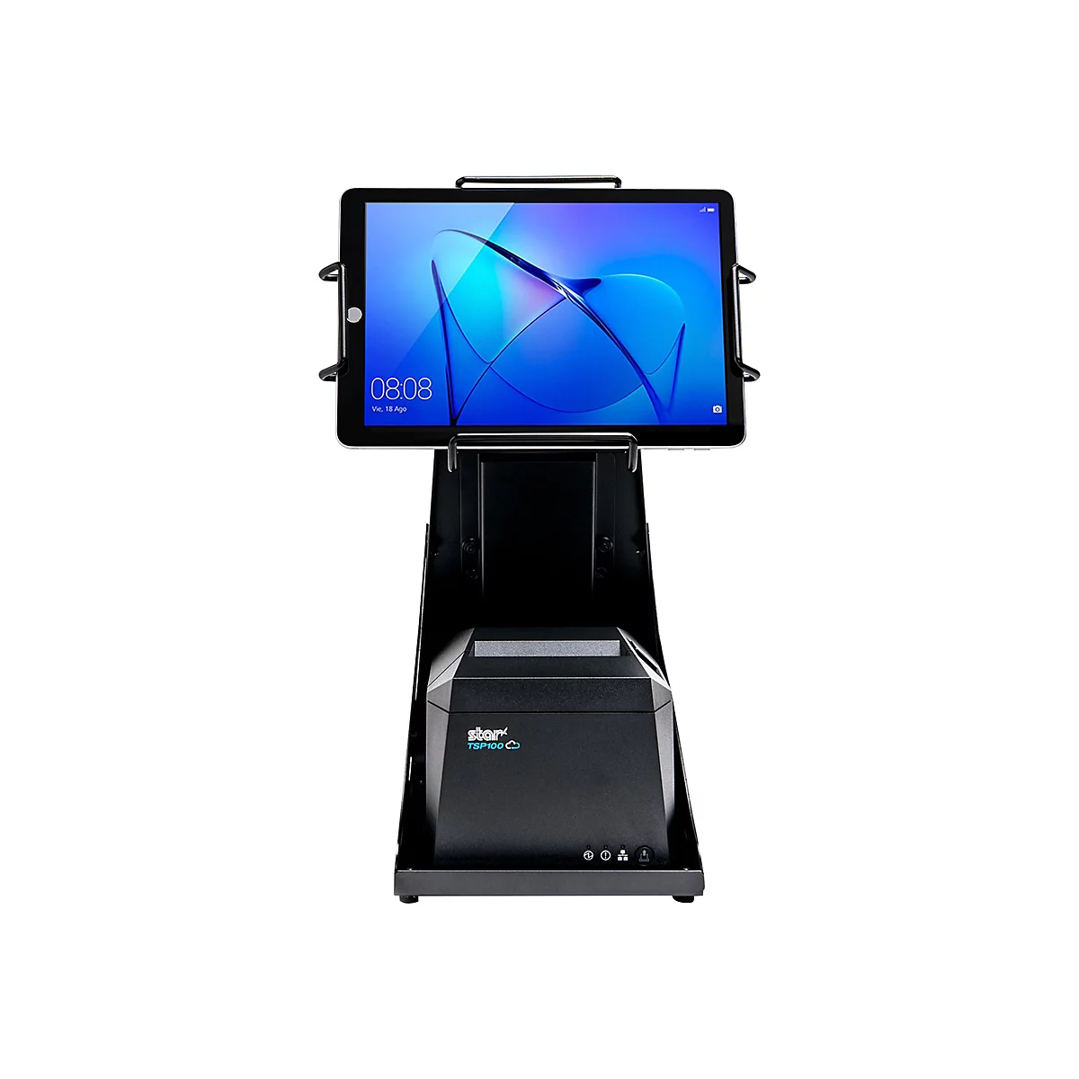 Ein schwarzes Tablet ist in einer Halterung angebracht, darunter eine schwarze Kasse mit dem Logo „star TSP100“. Auf dem Tablet wird die Uhrzeit 08:08 angezeigt.