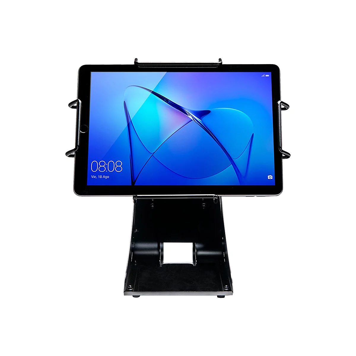 Schwarzes Tablet in Halterung, Bildschirm zeigt Uhrzeit und Datum. Unterbau mit Aussparung.