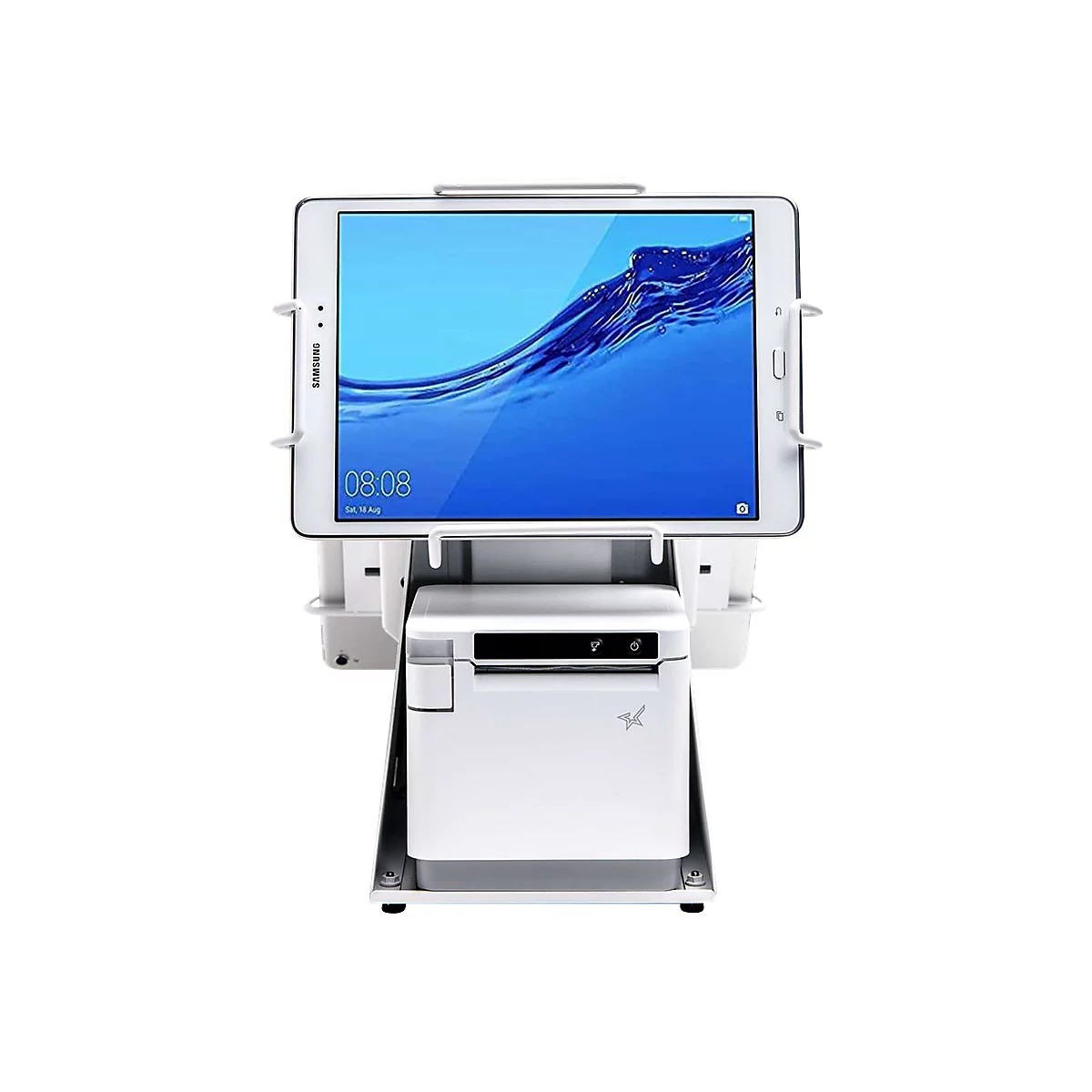 Weißer Tablet-Halter mit eingebautem Drucker. Auf dem Bildschirm ist die Uhrzeit 08:08 zu sehen.