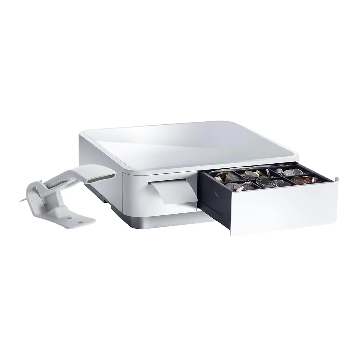 Eine weiße Registrierkasse mit offenem Schubfach. Münzen und ein Barcode-Scanner sind sichtbar.