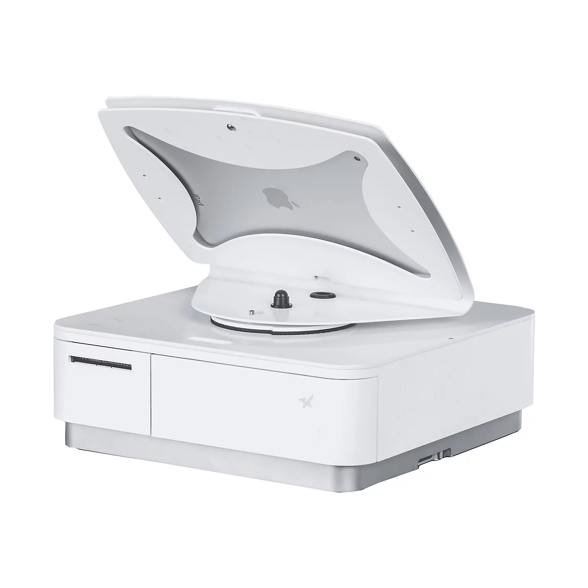 Weißes Gerät, in dem ein iPad positioniert werden kann. Das Gerät ist vor weißem Hintergrund abgebildet.