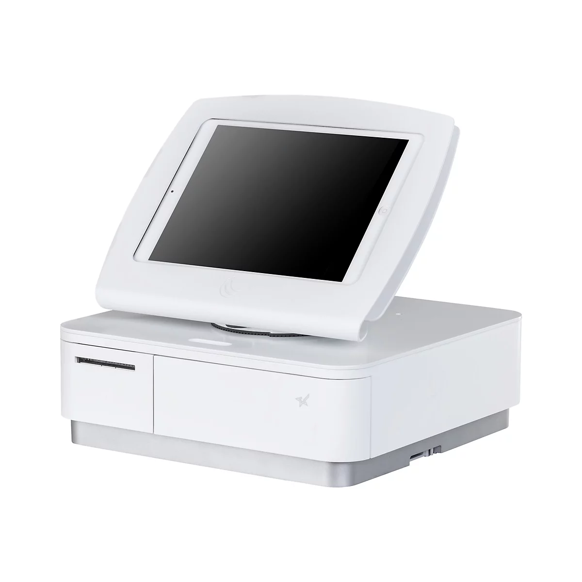 Ein weißes Kassensystem mit einem schwarzen Tablet-Bildschirm. Das Tablet ist geneigt und auf einem weißen Gehäuse montiert, das eine Schublade und ein Logo hat.