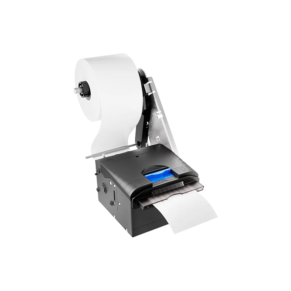 Schwarz-weißer Thermo-Bondrucker mit Papierrolle, Papier wird ausgegeben. Auf weißem Hintergrund.