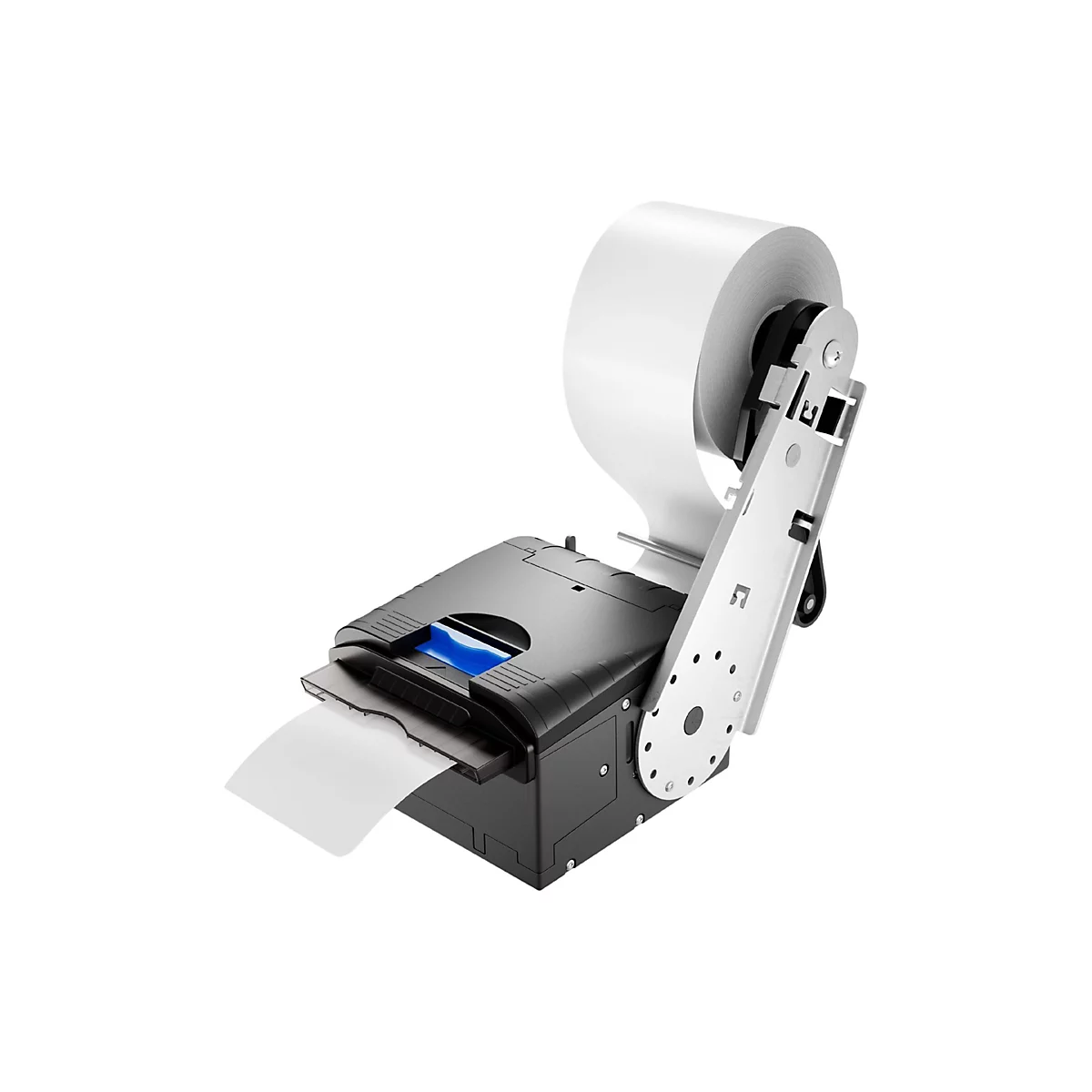 Schwarz-grauer Thermodrucker mit Papierrolle. Das Papier wird ausgegeben. Die Bedienelemente sind blau beleuchtet.