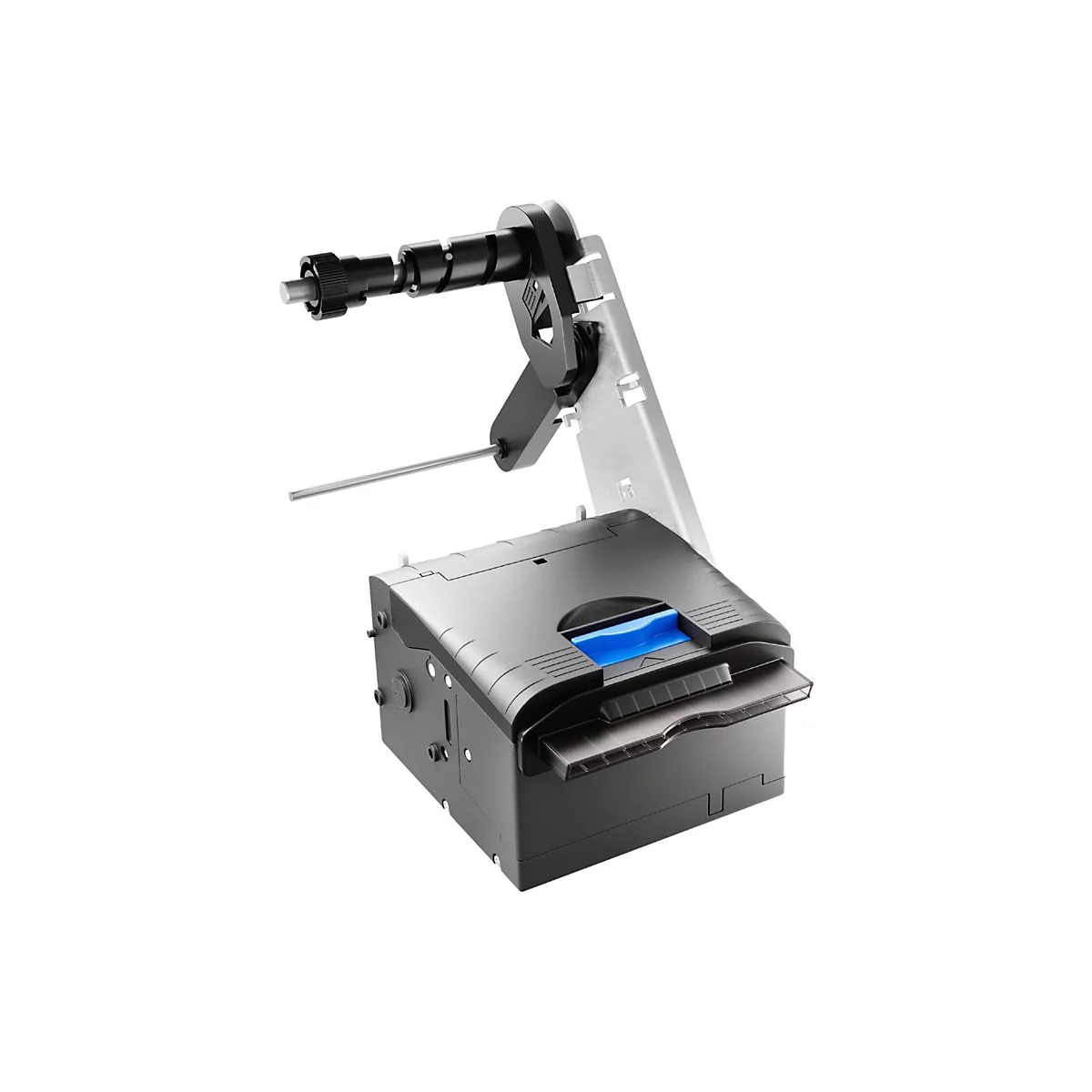 Grauer Kartenleser mit Ausgabefach und einem Ausleger mit Zubehör. Auf hellem Hintergrund.