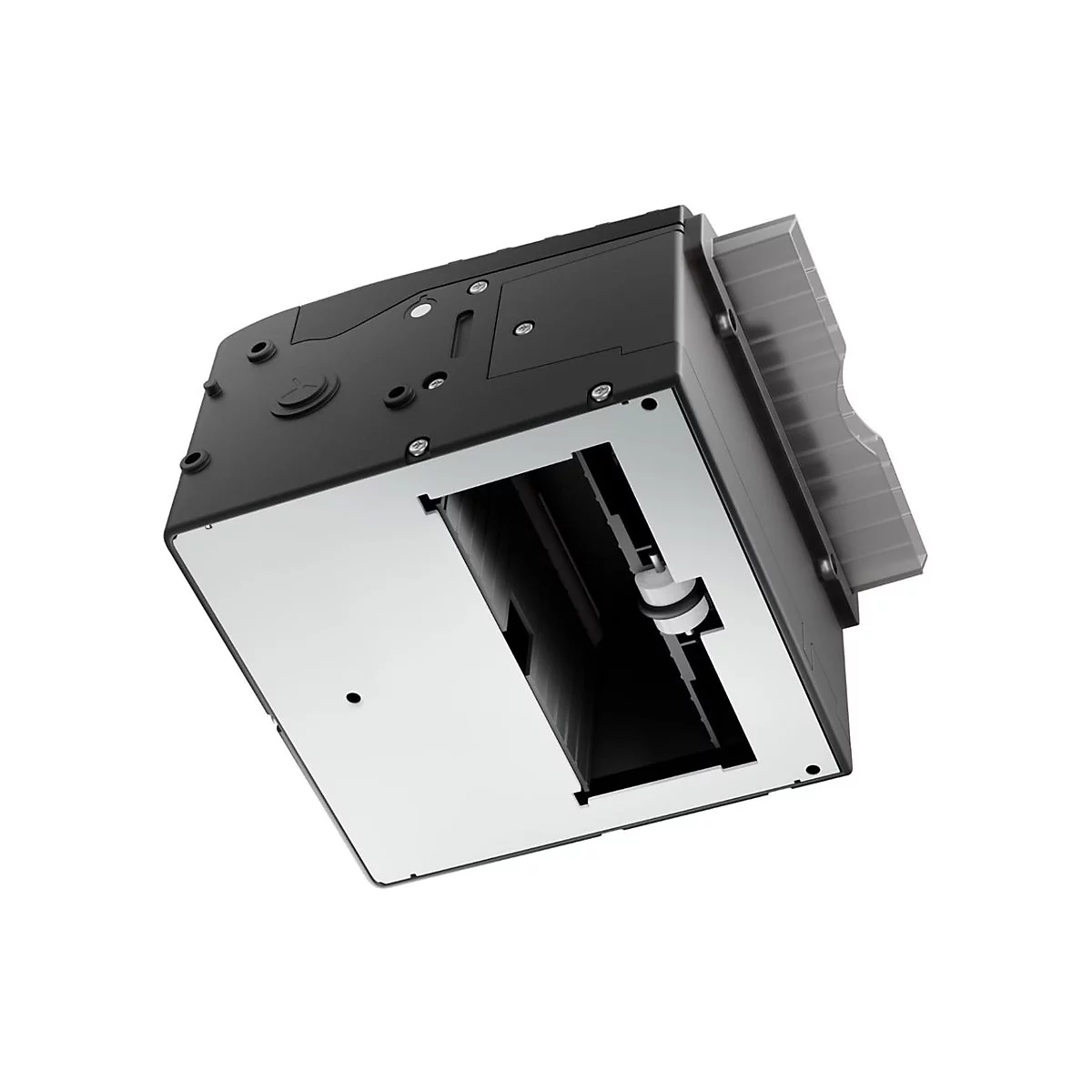 Schwarzes Gerät mit offenem Fach, Papierausgabe und silberner Innenseite. Perspektivische Ansicht vor weißem Hintergrund.