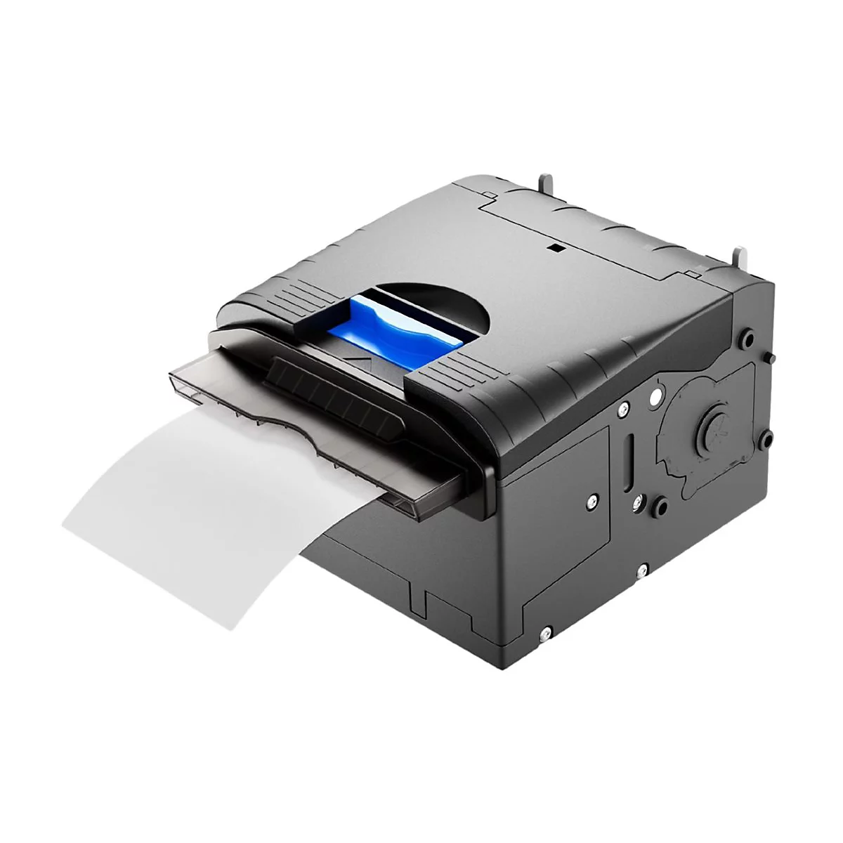 Schwarzer Belegdrucker, weißes Papier wird ausgegeben.