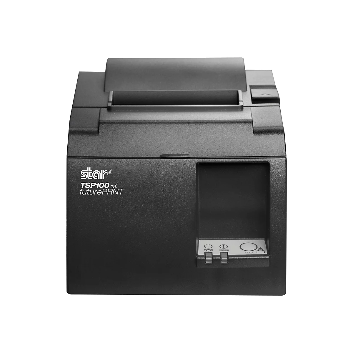 Schwarzer Bondrucker, Vorderansicht. Star TSP100 futurePRNT mit Bedienfeld und Star Logo.