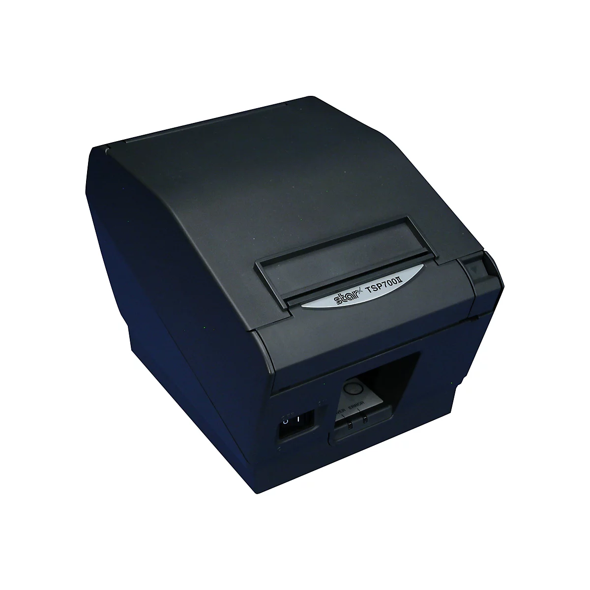 Schwarzer Drucker, Star TSP700II, vor weißem Hintergrund. Oberhalb ein Papierschacht, darunter ein Bedienfeld.