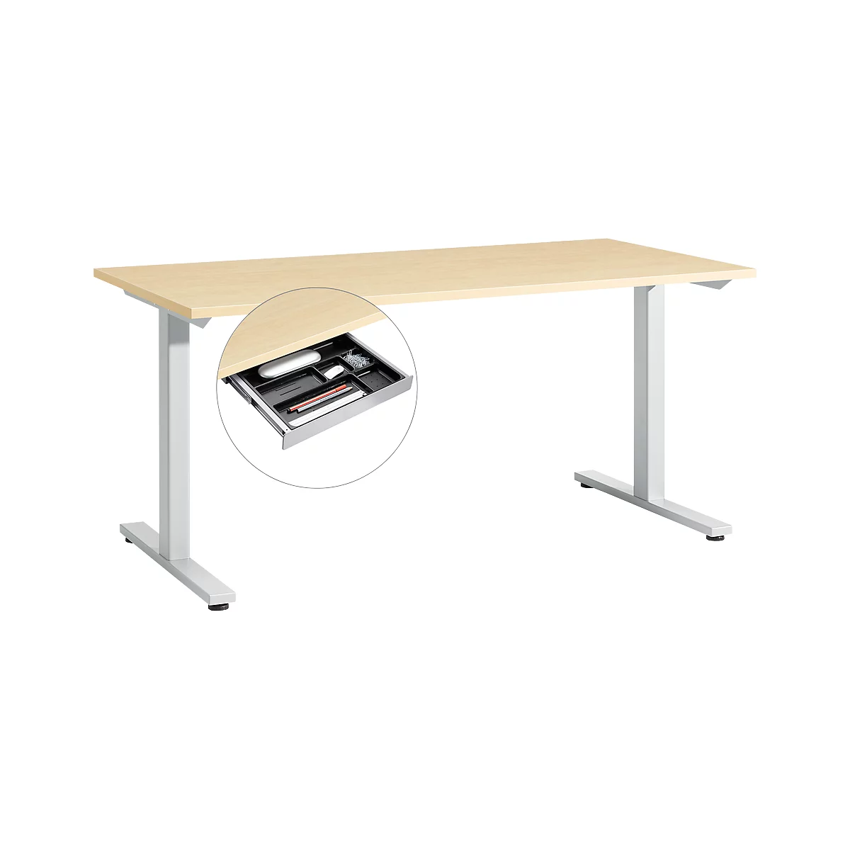 Start Off bureau, T-voet frame, B 1600 x D 800 x H 735 mm, esdoorn + lade
