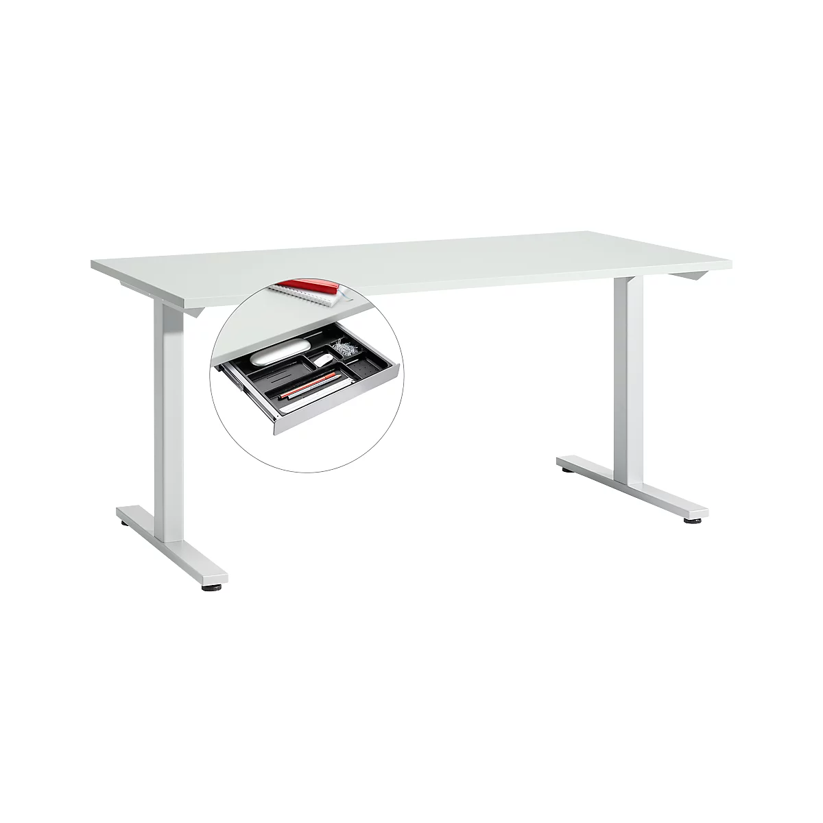 Start Off bureau, T-voet frame, B 1600 x D 800 x H 735 mm, lichtgrijs + lade