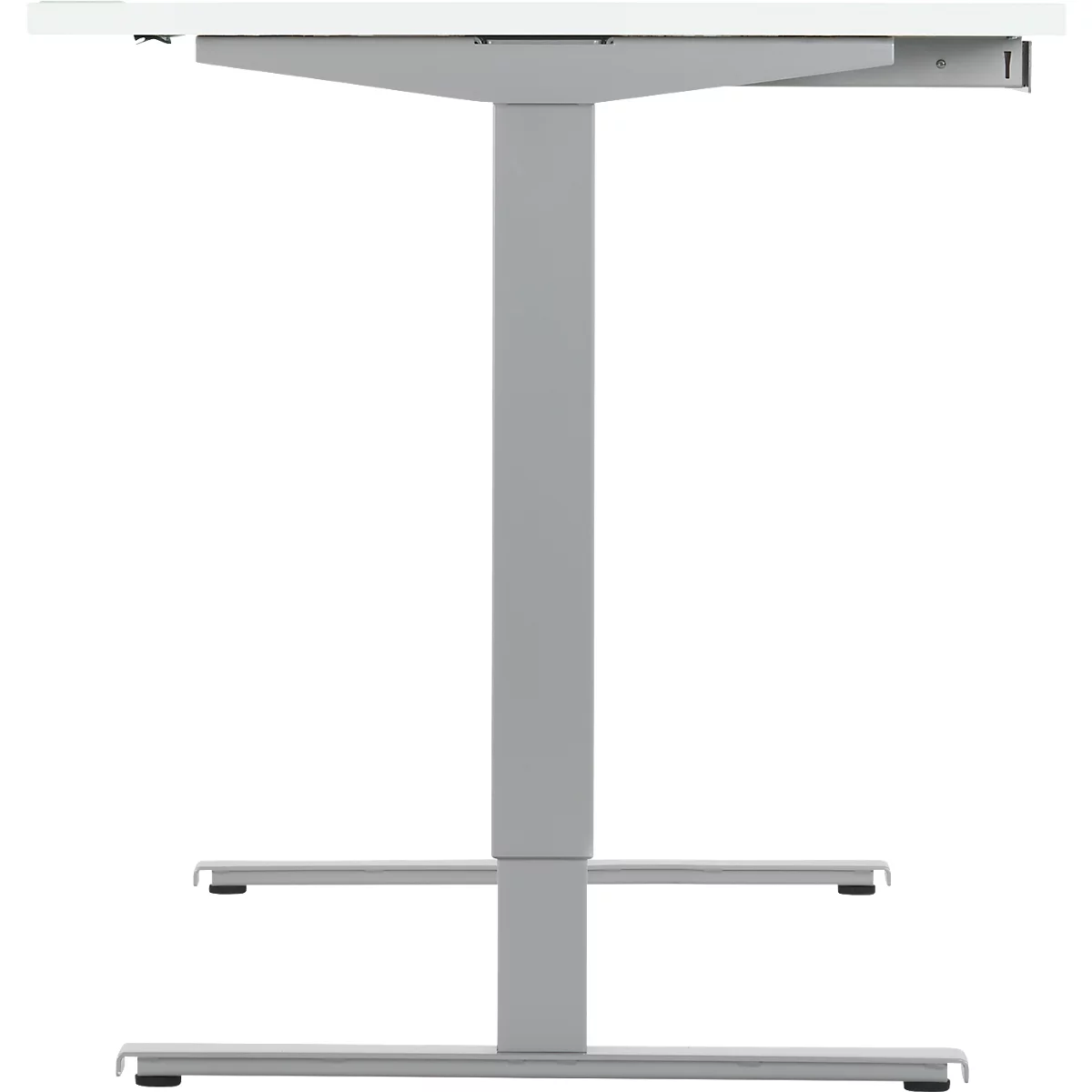 Height-adjustable desk, white with gray frame, isolated on a white background.