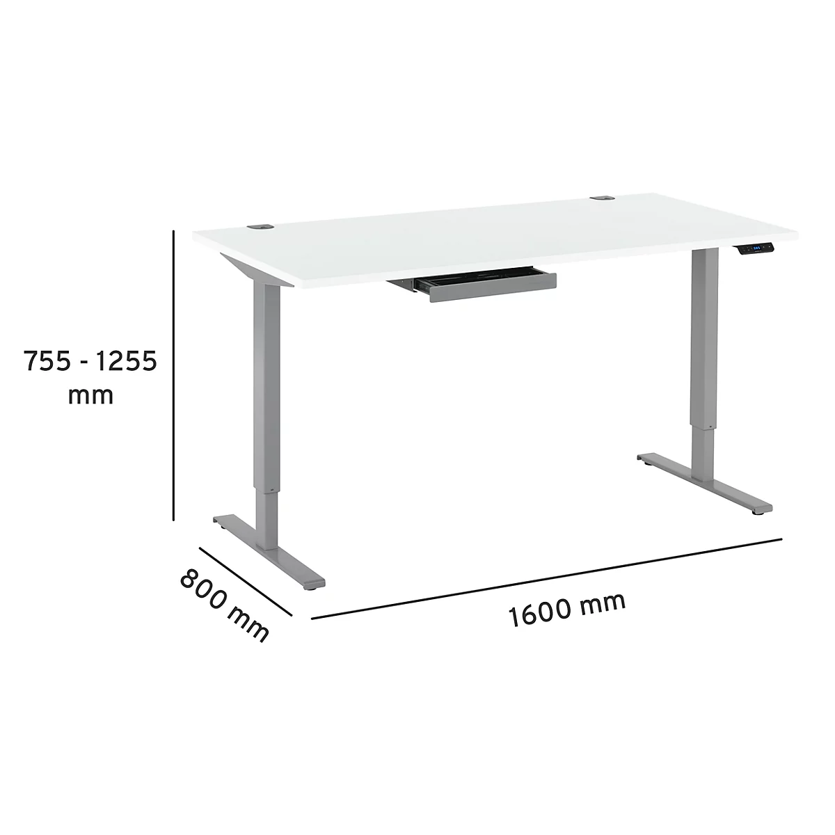 White height-adjustable desk with gray legs. Dimensions: 1600 x 800 mm, height adjustable from 755 to 1255 mm.