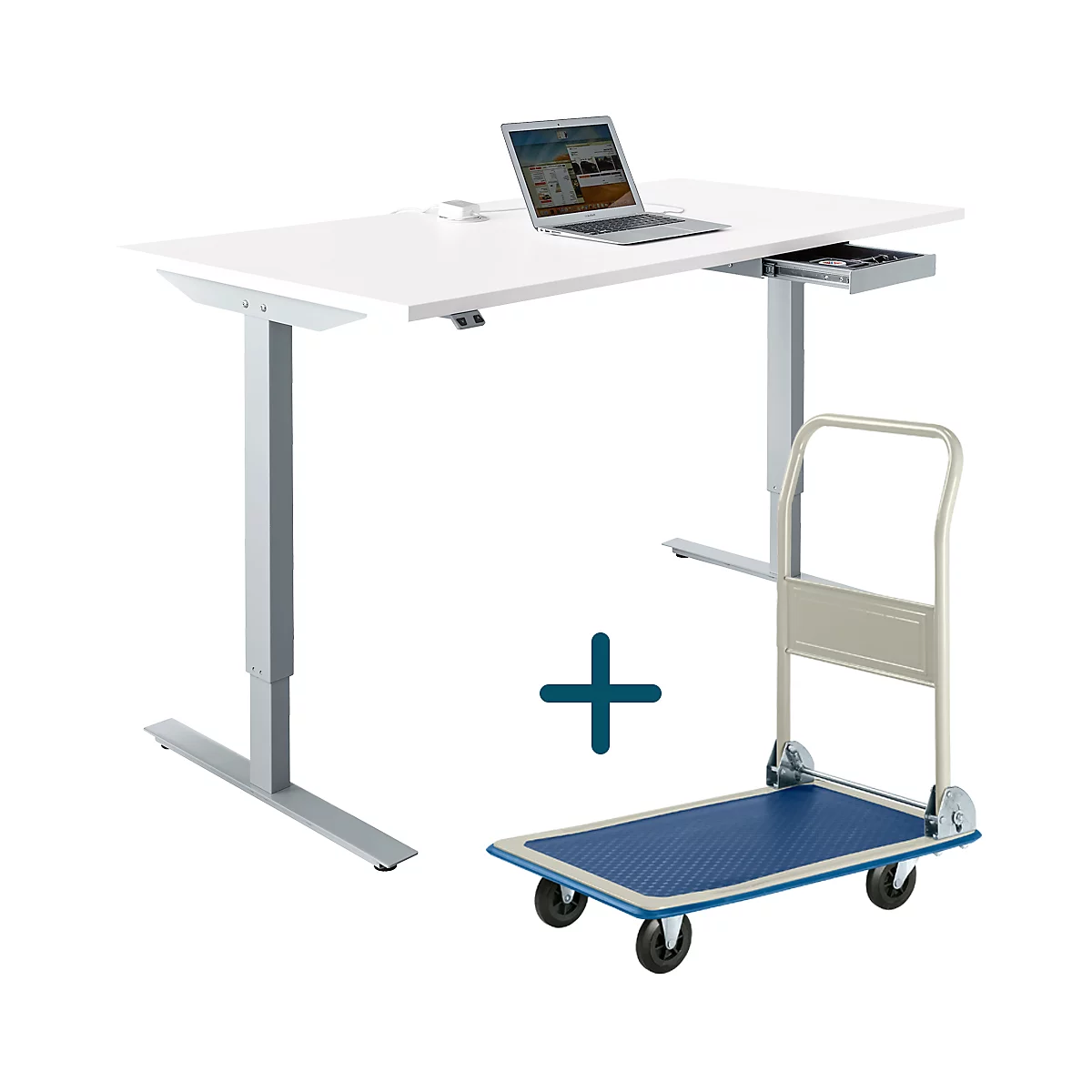 Ein weißer, höhenverstellbarer Schreibtisch mit Laptop und Schublade, daneben ein Transportwagen. Eine blaue Plus-Grafik zeigt die Kombination.