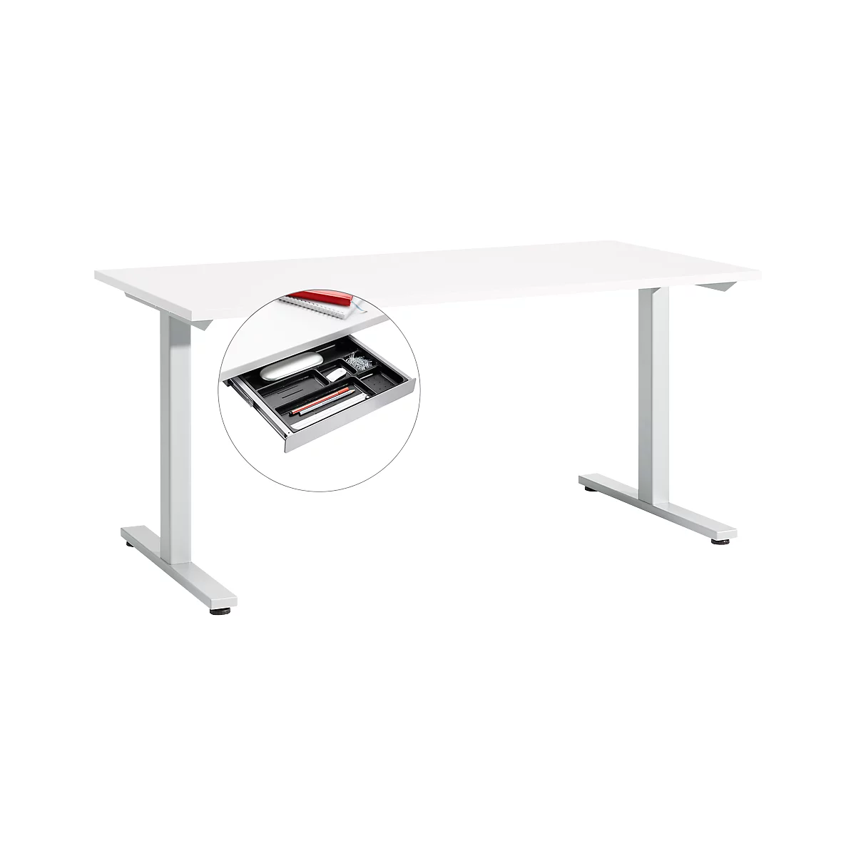 Start Up bureau, T-voet frame, B 1600 x D 800 x H 735 mm, wit + lade