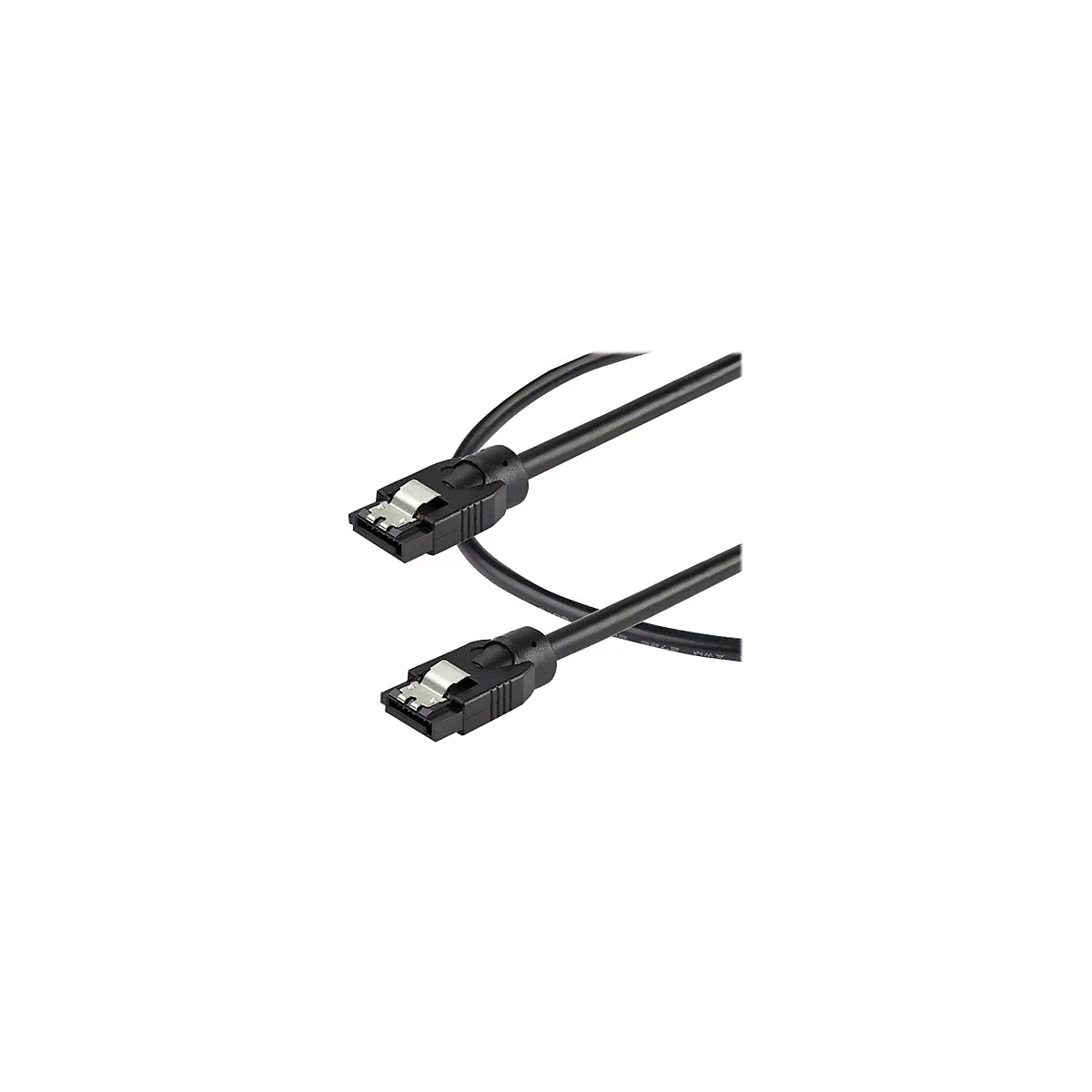 Zwei schwarze SATA-Datenkabel mit Metallverriegelung an den Steckern vor weißem Hintergrund.