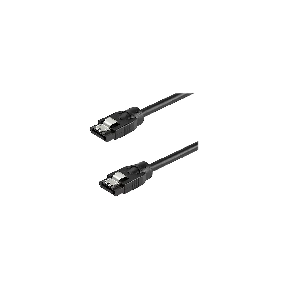 Zwei identische schwarze SATA-Datenkabel mit Metallverriegelung am Stecker vor weißem Hintergrund.
