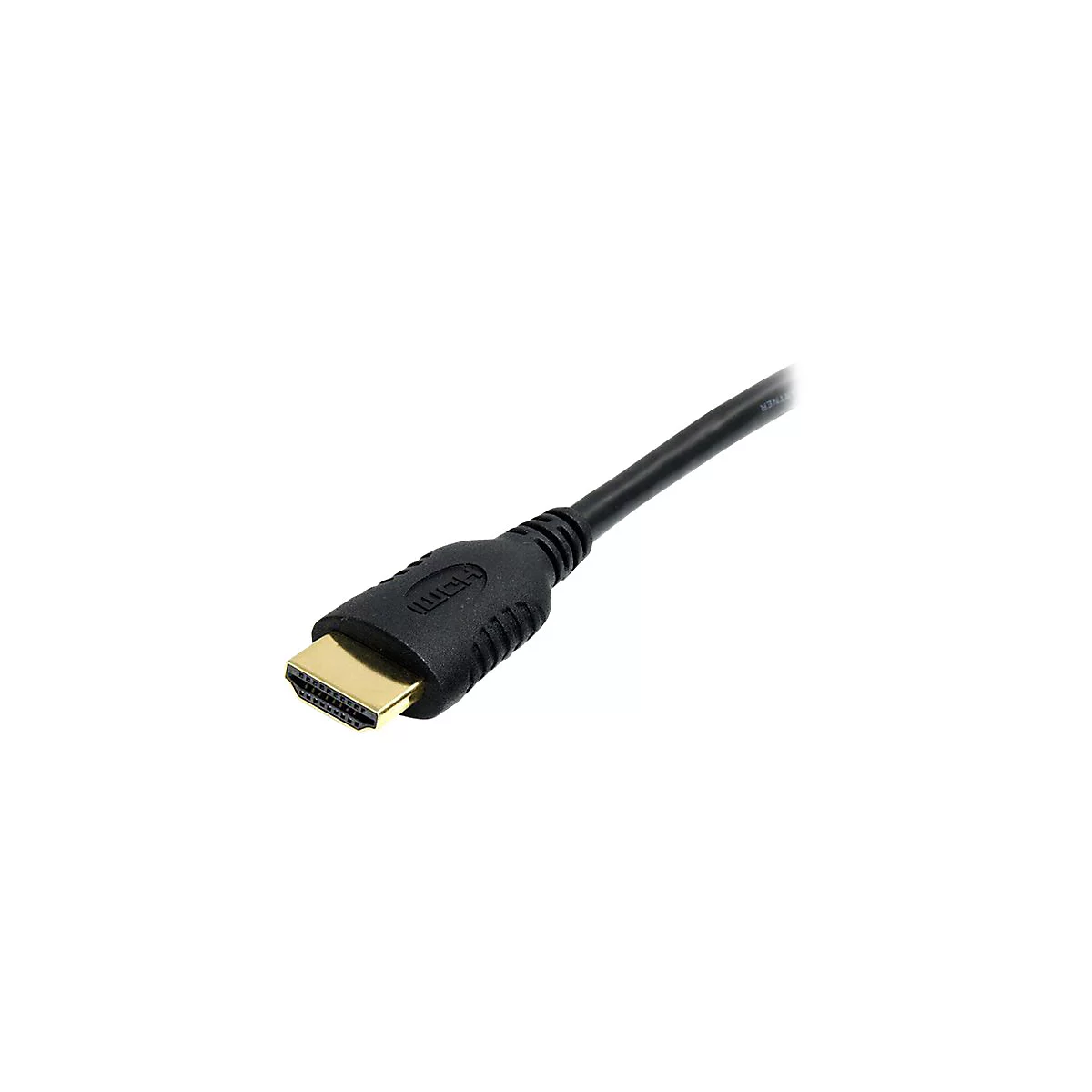 Nahaufnahme eines schwarzen HDMI-Kabels mit goldenem Stecker. Das Kabel hat eine schwarze Ummantelung.