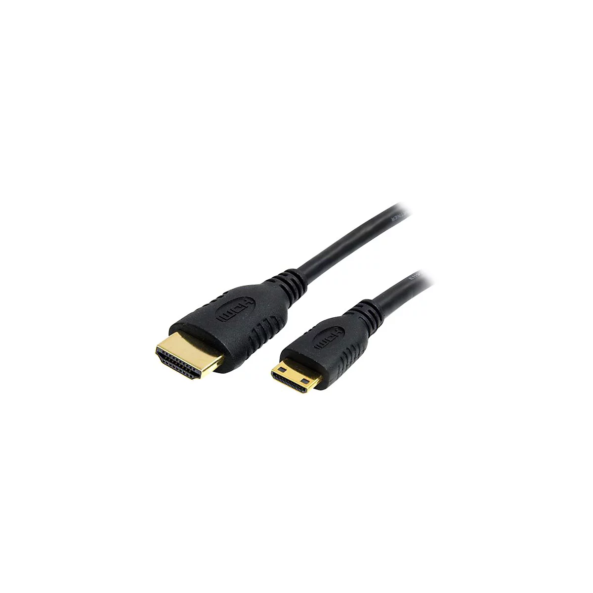 Schwarzes HDMI-Kabel mit Goldfarbenen Anschlüssen, vor weißem Hintergrund. Rechts ist ein Mini-HDMI-Stecker.